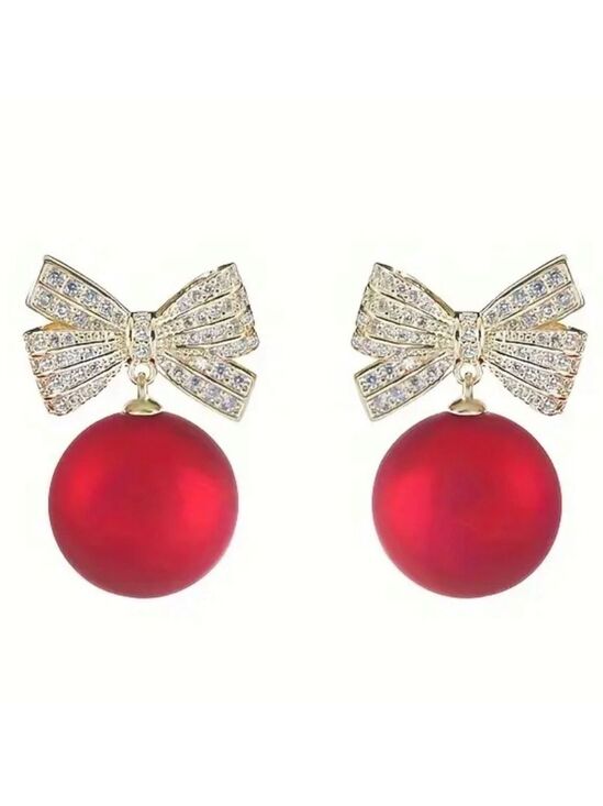 Unbranded Jewelry - Earrings Red Ornament With Bow Gold Tone With Rhinestones Christmas Holiday